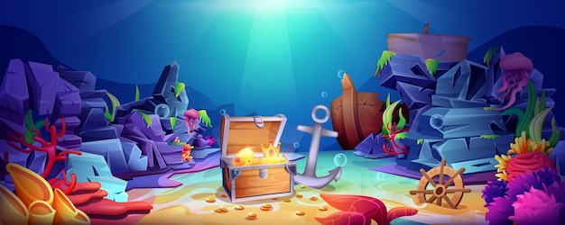 Free vector cartoon underwater world with open pirate treasure chest