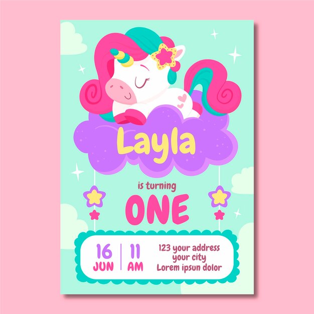 Cartoon unicorn birthday invitation template