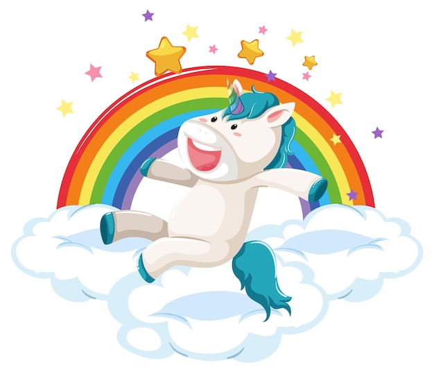 Free vector cartoon unicorn jumping on a cloud with rainbow