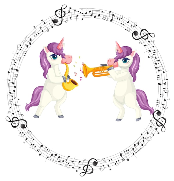 Cartoon unicorn playing trumpet and saxophone