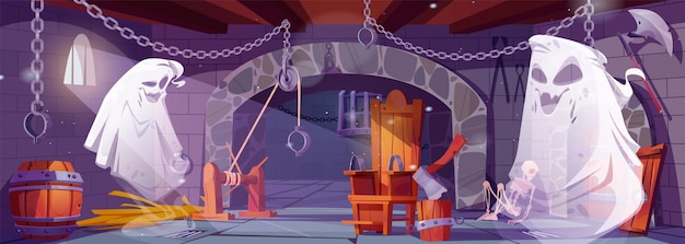 Cartoon vector medieval dungeon prison with ghost