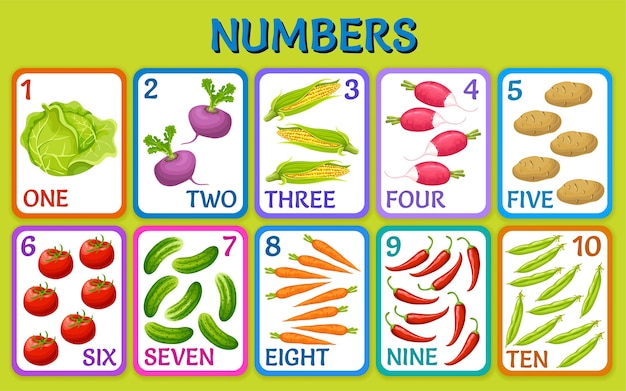 Бесплатное векторное изображение Мультяшные овощи. номера детских карточек.