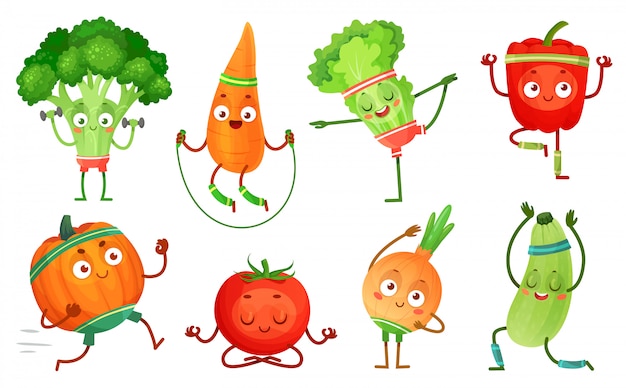 Мультфильм овощи фитнес. овощная тренировка персонажей, здоровая йога упражнения еда и спортивные овощи иллюстрация набор