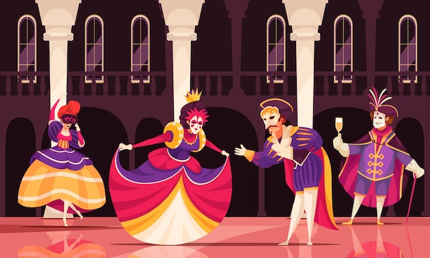 Cartoon venetian carnival scene with elegant men and women in costumes dancing at fancy dress party illustration