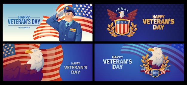 Cartoon veterans day horizontal banners set