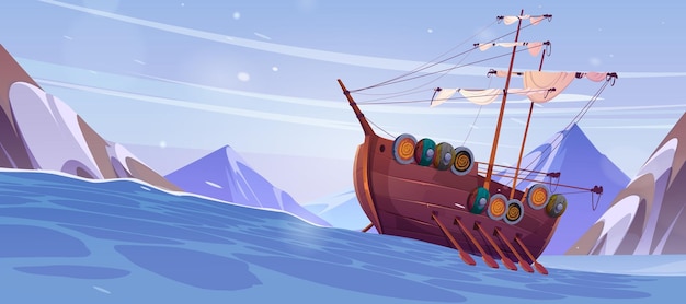 Cartoon viking ship floating in stormy sea