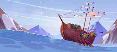 Free vector cartoon viking ship floating in stormy sea