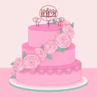 Бесплатное векторное изображение Мультяшный свадебный торт с топпером
