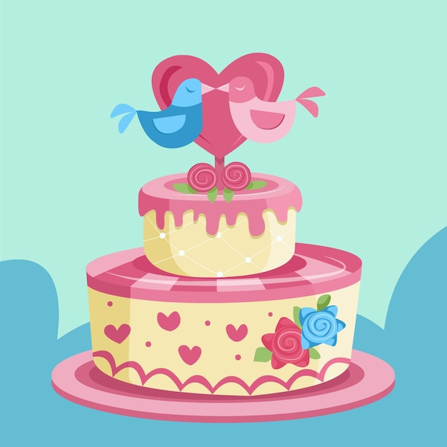 Vettore gratuito torta nuziale cartone animato con topper
