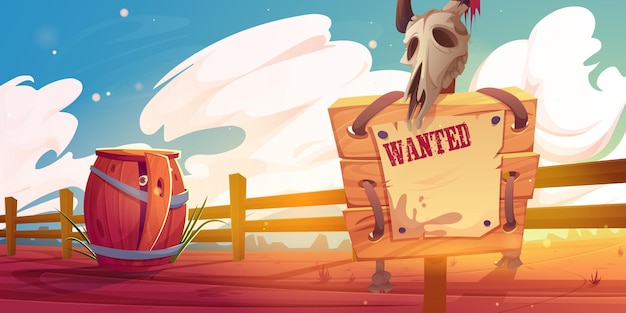 Cartoon western scene with wanted sign and wooden barrel with eye inside at wild west desert landscape with ranch or farm fence Board with animal skull and hidden character Vector illustration