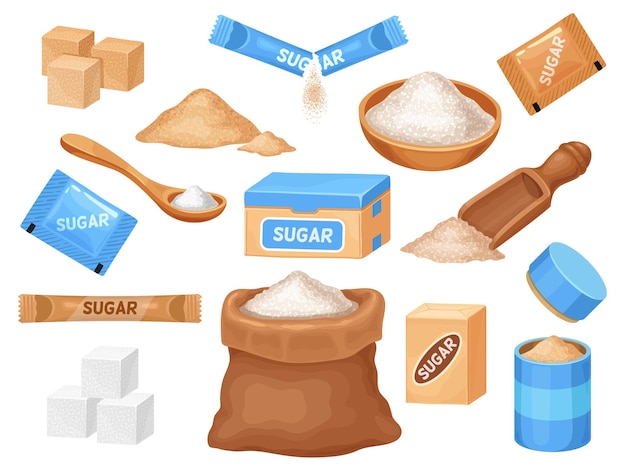 Мультфильм белый и коричневый сахар в кубиках, сумке, миске и ложке. соль и сладкий кулинарный ингредиент в пакетах. набор векторных гранулированного тростникового сахара