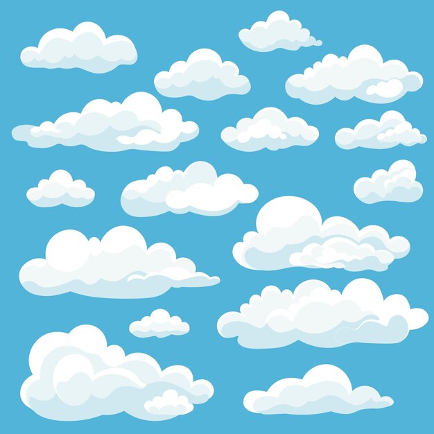 Набор иконок мультфильм белые облака, изолированные на синий