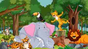 Free vector cartoon wild animals in the forest