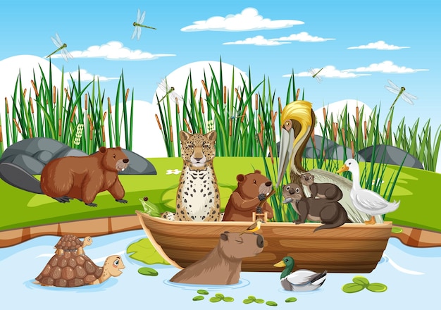 Free vector cartoon wild animals in the forest