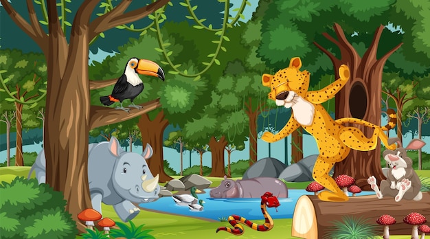 Free vector cartoon wild animals in the forest