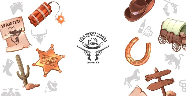 Cartoon wild west concept with wanted poster dynamite sheriff badge cactus cowboy hat horseshoe cart wooden signboard