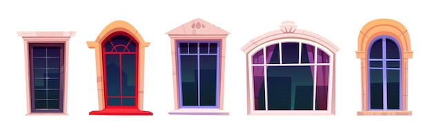 Vettore gratuito set di finestre del fumetto, vetri vintage con cornici in pietra, davanzale e tende all'interno