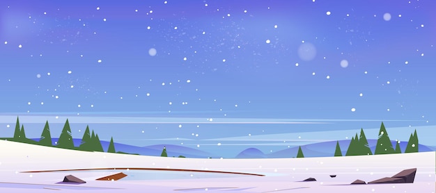 Vettore gratuito cartone animato inverno natura paesaggio stagno congelato, lago