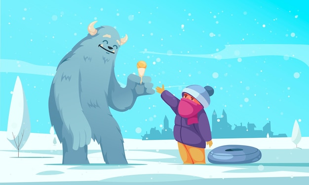 Free vector cartoon winter scenery with little boy treating cute yeti with ice cream vector illustration