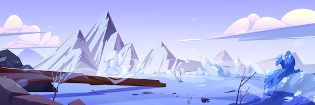 Free vector cartoon winter scenery with rocky mountains