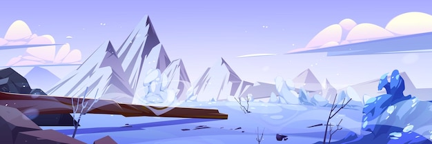 Мультяшный зимний пейзаж со скалистыми горами