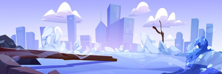 Free Vector cartoon winter scenery with snowy cityscape