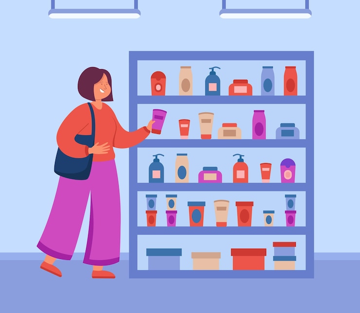 Free Vector cartoon woman buying beauty products in shop. girl choosing eco-friendly cream, shampoo or body lotion, skincare or makeup products flat vector illustration. cosmetics, cosmetology concept for banner