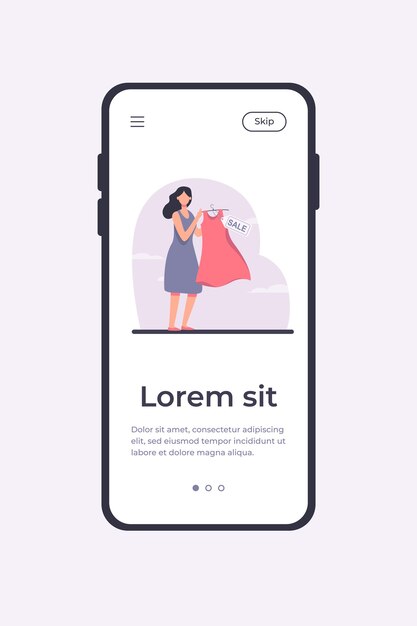 판매를위한 드레스를 들고 만화 여자입니다. 옷, 할인, 저장 평면 벡터 일러스트 레이 션. 배너, 웹 사이트 디자인 또는 방문 웹 페이지에 대한 쇼핑 및 소매 개념