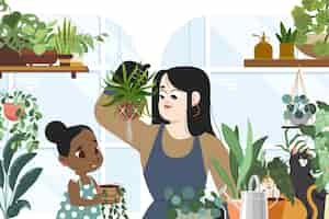 Free vector cartoon woman and kid taking care of plants