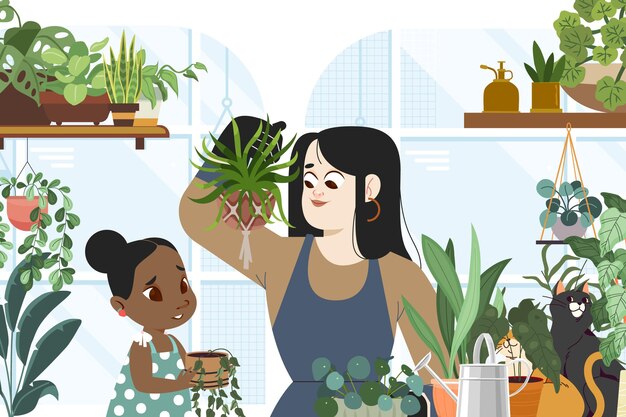 Cartoon woman and kid taking care of plants
