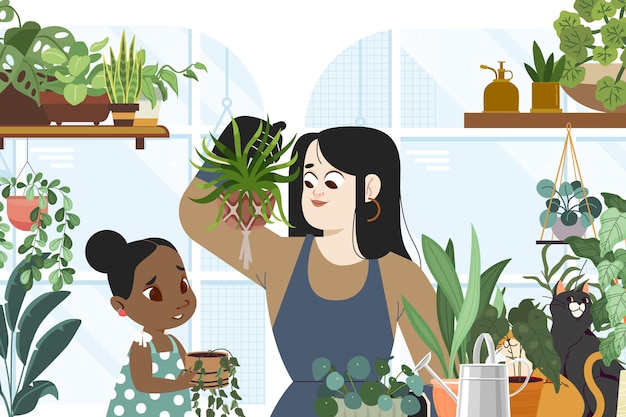 植物の世話をする漫画の女性と子供