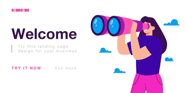 Cartoon woman looking far ahead with help of big binoculars. happy female tourist or businesswoman flat vector illustration. traveling, tourism, adventure concept for banner or landing web page
