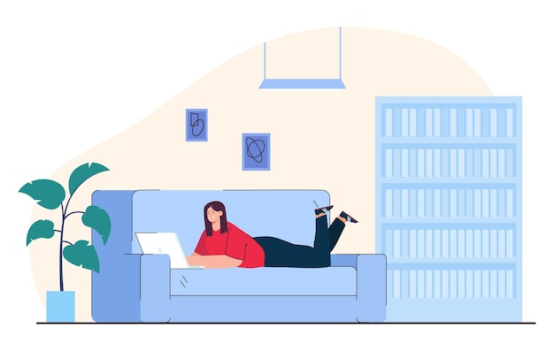 Free vector cartoon woman lying on sofa with laptop. girl relaxing or working on computer from home flat vector illustration. remote work or freelance, relaxation concept for banner or landing web page