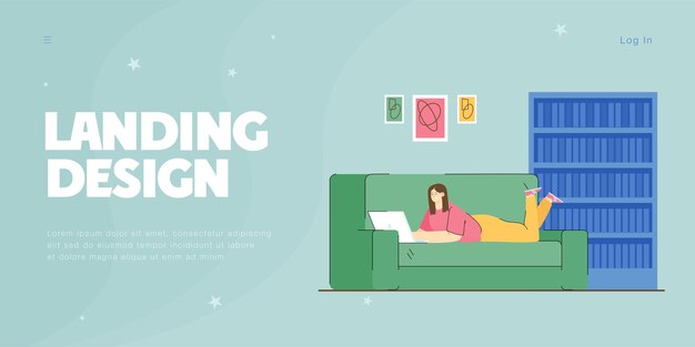 Cartoon woman lying on sofa with laptop