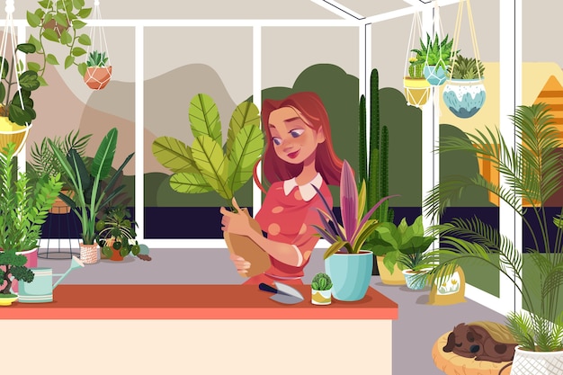 Cartoon woman taking care of plants