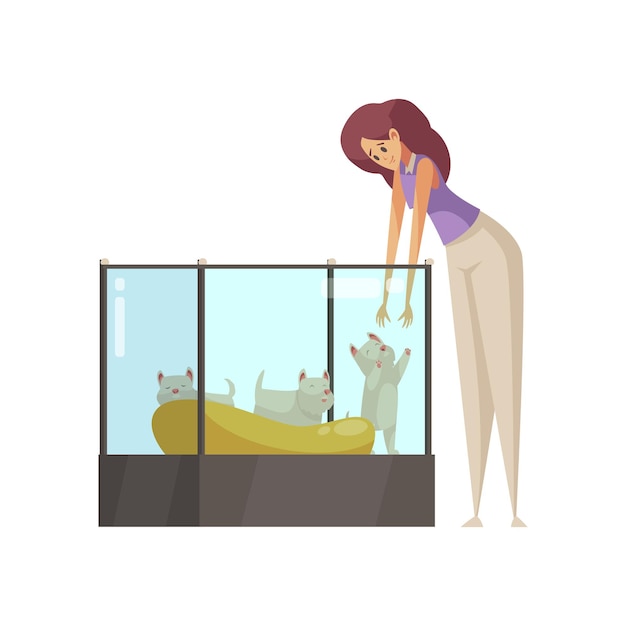 Free vector cartoon woman taking puppy in her hands at pet shop cartoon