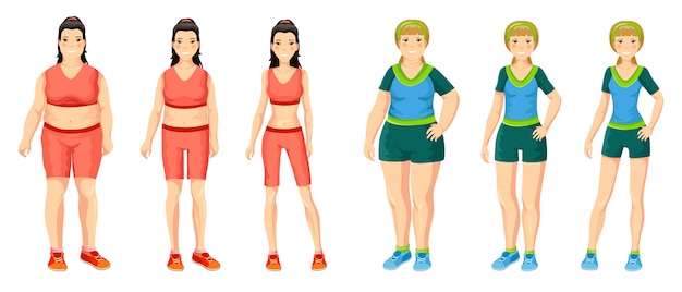 Cartoon women weight loss concept