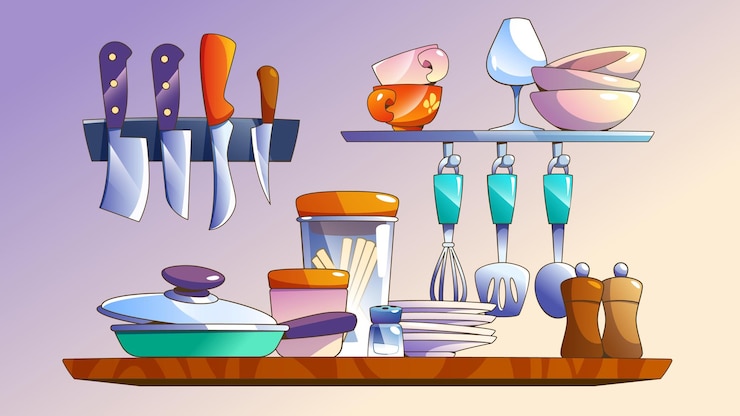 मुफ़्त वेक्टर cartoon wooden kitchen shelf with utensil