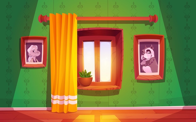 Free vector cartoon wooden window with curtain