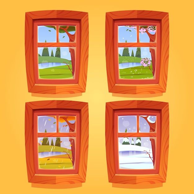 Бесплатное векторное изображение Пакет мультяшных деревянных окон