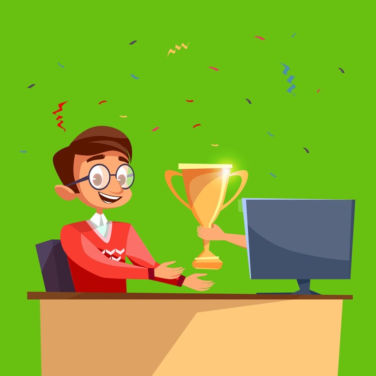 मुफ़्त वेक्टर cartoon worker, developer or gamer won online competition and got the prize