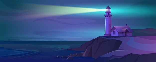 Free vector cartoon working lighthouse with a beam of light at night