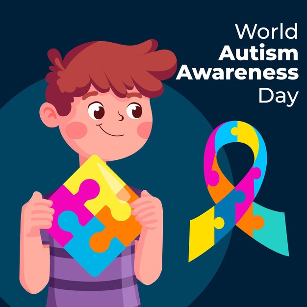 Мультяшный всемирный день осведомленности об аутизме с кусочками головоломки