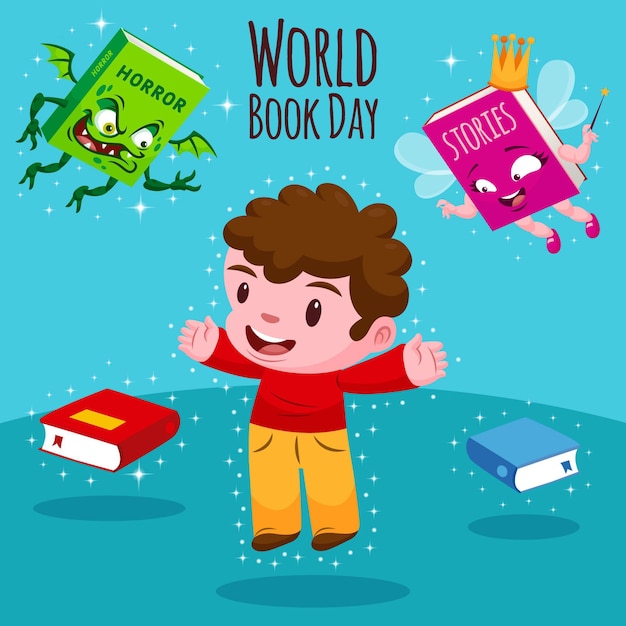 Cartoon world book day illustration with man