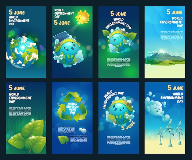 Free vector cartoon world environment day instagram stories collection