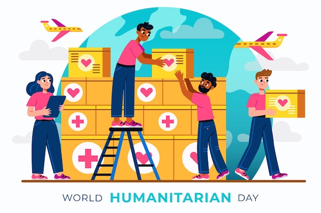 Vettore gratuito illustrazione della giornata mondiale umanitaria dei cartoni animati