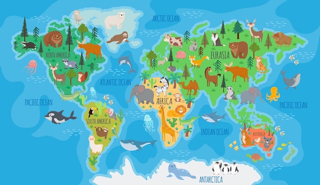 森の動物と子供保育園のための漫画の世界地図 ヨーロッパ アジア オーストラリア アメリカのベクトルポスターによる子供の地理教育 プレミアムベクター