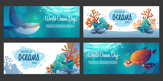 Free vector cartoon world oceans day banners set