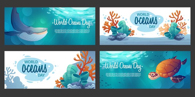 Cartoon world oceans day banners set