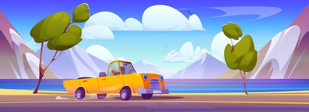 Cartoon yellow car riding mountain road